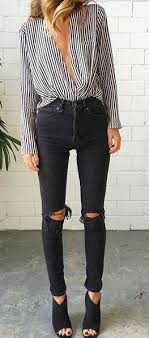 Black Ankle Boots With Skinny Jeans Striped Blouse Black Ripped Skinny Jeans Heeled Peep Toe Ankle Boots Summer Boots Outfit Casual Summer Outfits Cute Spring Outfits