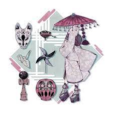 着物 女の子 和風 和 和洋折衷 大正ロマン イラスト 絵 梅屋ミカ illustrator illust kimono illustration 狐面 駒 折り紙 鶴 風車 けん玉 だるま art mika