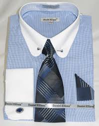 5 out of 5 stars. Daniel Ellissa 3815 Blue Mini Houndstooth Men S French Cuff Dress Shirt 70 30 Poly Cotton With White Collar And Starch White French Cuff 3 Inch Fold Back Featuring Pass Thru Collar Bar Detail Featuring The 2 Inch