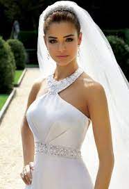 Satin High Neck Halter Wedding Dress With Chunky Jemstone Beading And Open Beaded Strappy Back Ruffle Wedding Dress Wedding Gowns Mermaid Wedding Dress