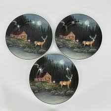 Vintage, Set of 3 SAKURA Northwoods David Carter Brown STONEWARE Buck Deer  8” Inch Plates Beautiful!