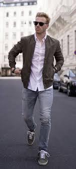 Black And White Button Up Shirt Mens Fall Combo Inspiration With A Green Jacket White Button Up Shirt Black Sunglasses Light Wash Black Bracelet Black Mens Fashion Casual Mens Outfits Mens Fashion