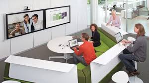 Through The Integration Of Furniture And Technology Media Scape Is Reshaping The Way People Collaborate In A C Office Interiors Office Design Workspace Design