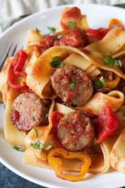 Tomato Pappardelle Pasta With Italian Sausage Peppers Easy Dinner Recipe Pappardelle Pasta Italian Sausage Recipes Stuffed Peppers