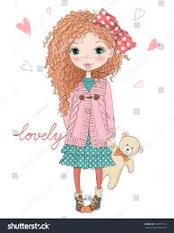 Hand Drawn Beautiful Cute Little Curly Red Haired Girl With Freckles And Teddy Bear Vector Illustrat Little Girl Cartoon Curly Girl Hairstyles Freckles Girl