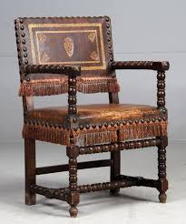 Armchair Made Of Stained Oak Copper Nail Studded Seat And Back In Embossed Leather 1800 Century Antique Chairs Spanish Furniture Antique Furniture