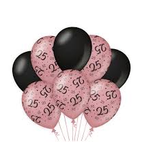 Ballonnen 25 Jaar Rosegoud Zwart 12inch 8stuks Ooms Feestwinkel