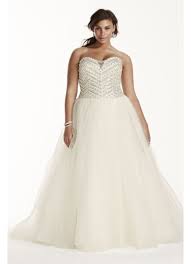 Sweetheart lace tulle plus size wedding dress with sweep train and corset back. As Is Jewel Crystal Plus Size Wedding Dress David S Bridal