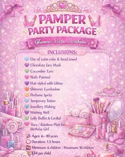 💖 PAMPER PARTY PACKAGE – Glamour Parties Strathpine 💖 Treat your little one and their friends to the ultimate pink & sparkly pamper experience! Our Pamper Parties are relaxing, fun and full