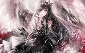 Anime Angel With Black And White Wings Dress Original Characters Black Hair Fantasy Art White Background Long Hair Anime Girls Looking At Viewe Anime Angel Girl Evil Anime Anime Angel