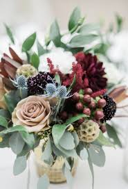 Small Low Centerpiece Fall Wedding With Mauve And Burgundy Dahlias Scabiosa Berries Thistle Florals Low Centerpieces Fall Wedding Flowers Wedding Flowers
