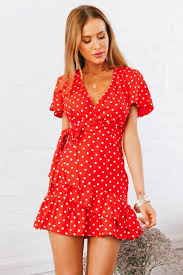 New Beautiful Red Polka Dot V Neck Short Sleeve Ruffle Mini Wrap Summer Dress Red Summer Dresses Wrap Dresses Summer Wrap Dress Short