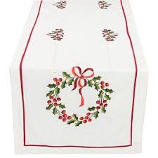 Xia Home Fashions Country Wreath Embroidered Hemstitch Holiday Table Runner Wayfair In 2020 Holiday Table Runner Holiday Linens Table Runners