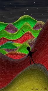Whimsical Green Red Hills Colorful Landscape Night Sky Stars Printable Digital Painting By Ofir Mor Poster Art Artwork Dec Colorful Artwork Art Lovers Art