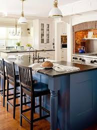 Modern orange cabinetry in slab door style, made of wood with a natural finish. 23 Brilliant Blue Color Schemes For Every Design Style Blue Kitchen Island Kitchen Design Kitchen Remodel