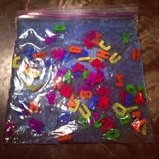Odds and ends to add to the bag (leaves, googly eyes, lentils etc.) Alphabet Sensory Bag La Bella Hair Gel Letters Buttons Infant Sensory Activities Sensory Bags Kids Sensory