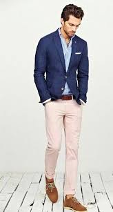 Men S Navy Blazer White And Blue Vertical Striped Long Sleeve Shirt Beige Chinos Tobacco Suede Derby Shoes Mens Outfits Mens Fashion Suits Mens Attire
