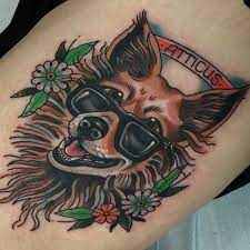 Dog Portrait By Jenny Boulger Tattoo Traditional Neotraditional Portrait Pet Toronto Dog Flower Color Bo Neotraditional Portrait Dog Flower Traditional Tattoo