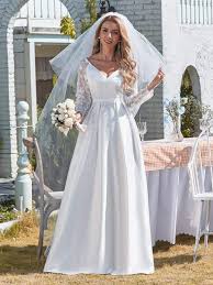 The combination of intricate lace, unusual sleeves, and loose silhouette make the. Long Lace Sleeves White A Line Simple Satin Elopement Wedding Dress Ever Pretty Uk