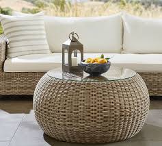 Super patio outdoor wicker end table & rattan glass top coffee table Torrey All Weather Wicker Outdoor Coffee Table Pouf Natural Pottery Barn