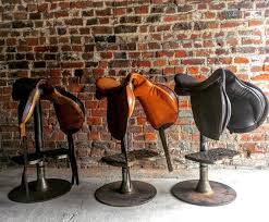 Saddle counter bar stool with nested leg transitional bar. Fabulous Industrial Bar Stools Leather Horse Saddle Three Steel Base Vintage Vinterior