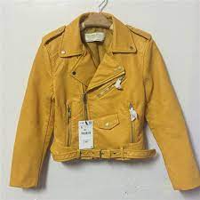 New Zara Lapel Faux Leather Motorcycle Belted Jacket Biker Yellow Burgundy Xs Xl Jackets Belted Jacket Faux Leather Moto Jacket