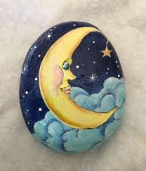 Hand Painted Moon With Twinkling Stars Original Stone Art By Carrie Rock Painting Art Rock Painting Patterns Rock Painting Designs