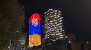 The used colors in the flag are blue, red, orange. Armenian Flag And The Coat Of Arms Light Up The Evening In Astana Kazakhstan