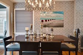 Dining Room With Wallpaper And Pillar Candles With Holders Furnitur Ruang Makan Ruang Makan Formal Ide Dekorasi Rumah