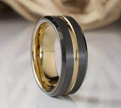 Gold Tungsten Ring Black Gunmetal Male Wedding Band Unique Men Etsy Black Rings Unique Wedding Bands Gold Tungsten Ring