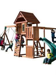 All cedar swing set with upper fort and lower picnic area. Top Wooden Swing And Play Sets Amazing Product Lists Bestappsforkids Com