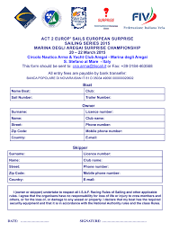 Articoli in plastica non specificati altrove (prima parte). Entry Form Act 2 Europ Sails European Suprise Sailing