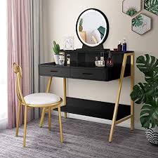 Lynslim Gold Vanity Set With Touch Screen Dimming Mirror 3 Color Lighting Modes Black Makeup Table In 2020 Black Bedroom Decor Black Makeup Table Black Vanity Table