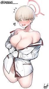 ginseng (xin), marina (blue archive), blue archive, highres, !?, 1girl,  blonde hair, blush, bottomless, breasts, cowboy shot, gloves, halo, jacket,  large breasts, long sleeves, military uniform, open mouth, short hair,  solo, unbuttoned,