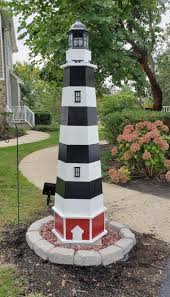 Illustrated woodworking plans for a painted wooden yard lighthouse. How To Build A Cape Hatteras Lawn Lighthouse Diy Wood Plans