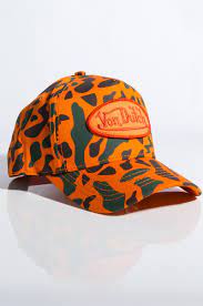 Von Dutch Colorblock Camo Print Logo Embroidered Trucker Hat In Orange Camo