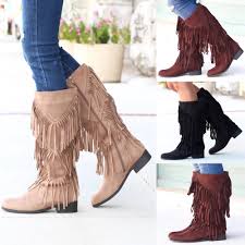 Details About Womens Zip Tassel Mid Calf Western Boots Flat Low Heel Riding Cowboy Shoes Size
