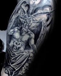 Shaded Baphomet Grey And Black With Skulls Mens Half Sleeve Tattoos Tattoo Designs Men Half Sleeve Tattoos For Guys Satanic Tattoos