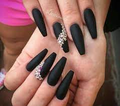Matte Black Nails With Rhinestones Matte Elegant rhinestones coffin nails designs.