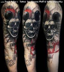 The first part of a trash polka tattoo is the realistic one. Buena Vista Tattoo Club Realistic Trash Polka Tattoos By Volko Merschky Simome Pfaff Trash Polka Tattoo Trash Polka Trash Polka Tattoo Designs