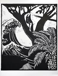 Stampa, 2020, incisione su linoleum originale firmata da Margaret Michel,,  L'Onda