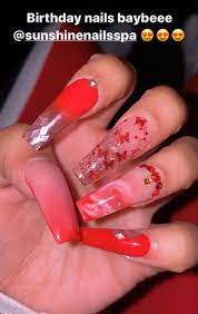 One of the red nail art designs that are done by making a mixture of both brightness and sharpness is enumerated as below. Red Nails Clear Acrylic Nails Birthday Nails Long Red Nails
