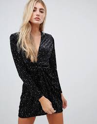 Missguided Velvet Glitter Wrap Front Mini Dress In Black Black Sparkly Dress Mini Dress Glittery Dress