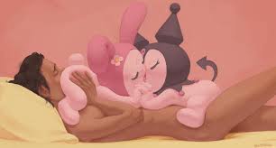 kuromi, my melody, onegai my melody, sanrio, bisexual, highres, bisexual  female, group sex, head on pillow, holding hands, interspecies, kiss, nude,  oral, pillow, sex, threesome 