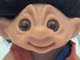 Vintage Thomas Dam Troll Doll Black Hair Brown Eyes Overalls 1977