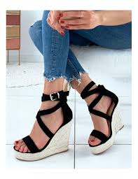 Espadrille Noire Maria A Talon Compense Et Laniere