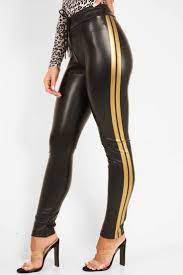 Black Faux Leather Gold Side Stripe Trousers Evangelina Frauen In Leggings Anziehsachen Bekleidung