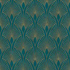 Bunte streifen, die sich auf der decke erstrecken. Art Deco Tapete Goldenes Reto Muster Blau Gold Grun
