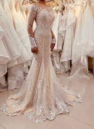 Alluring Nude Beige White Lace Long Sleeves Fishtail Mermaid Wedding Dress With Court Train Long sleeve wedding dress brand africa wedding gown mermaid bridal wedding dress with fishtail lace appliques bridal dress a190. usd