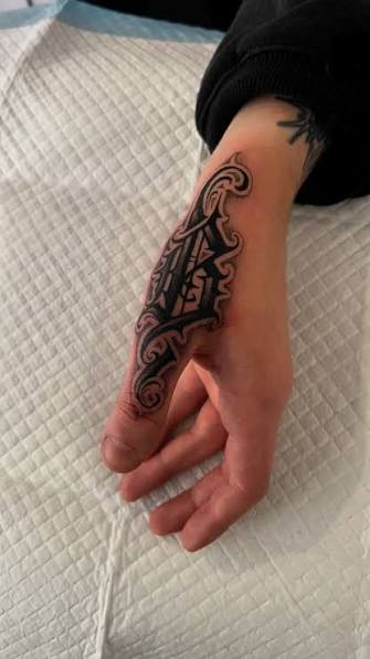 - B -, Another one of these single letter hand/ thumb tats! , This one was a meaningful piece for my mate @ajpatience , And a bit of an insight into the design process for a custom piece like this